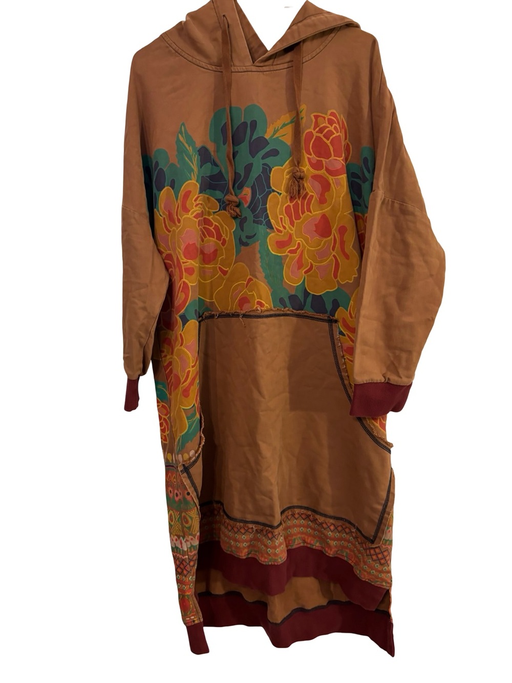 Brown Floral Fall Lagenlook Boho Hooded Sweatshirt Dress